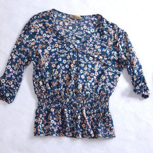 Navy Blue V-Neck Floral Peplum top Size Small